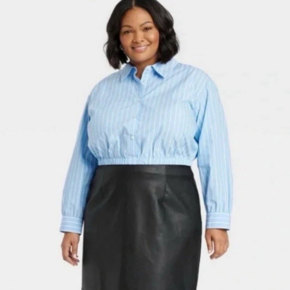 Ava & Viv Cotton Waist Crop Button Front Top Blue White Stripe NWT 4X